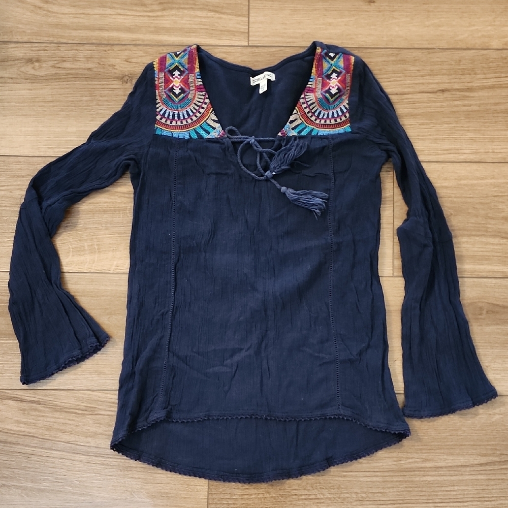 Billabong Dark Blue Blouse with Colorful Embroidery, Size Small